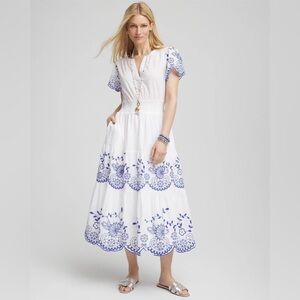 Chico’s Embroidered Smocked Waist Maxi Dress 14 White Blue